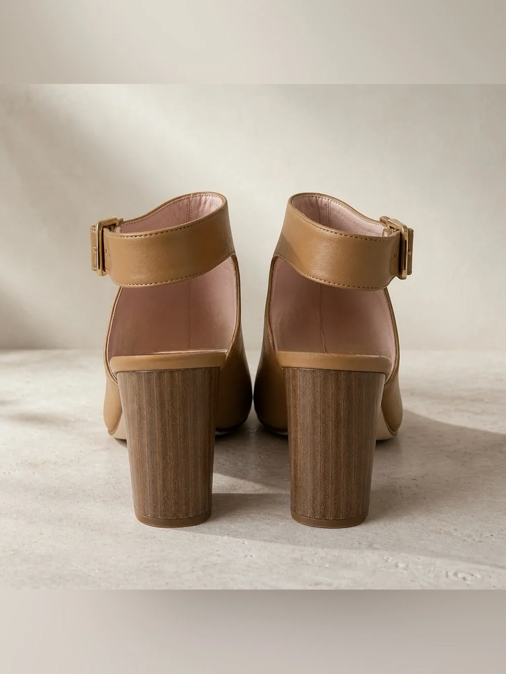 Kate Spade Ingrada Leather Peep Toe Sandal Shoes 3.5” Block Heel Desert/Tan Sz 7